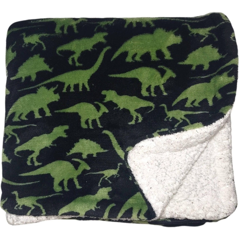 Modern Kids Dinosaur Baby Blanket Green Black White Sherpa 35x45 Plush Lovey‎